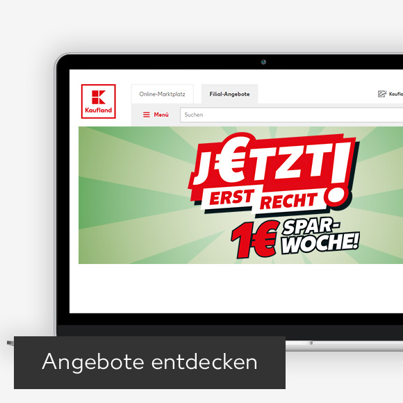 Abbildung: Laptop zeigt 1-€-Spar-Woche auf Kaufland-Webseite; Button: Angebote entdecken