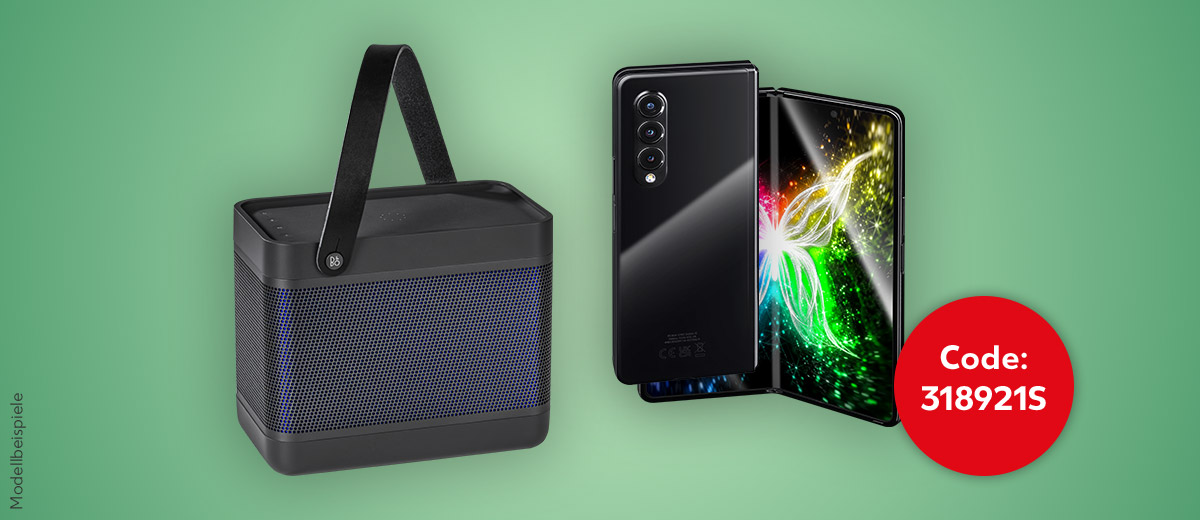 Modellbeispiel: Samsung Galaxy Z Fold3 und einen Bang & Olufsen Beolit 20 Bluetooth Lautspecher; Dein Code: 318921S