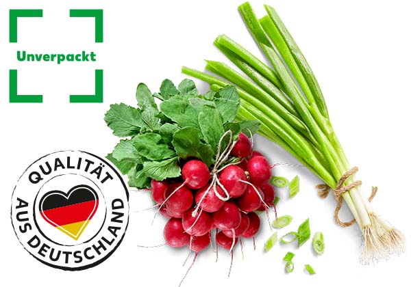 Dtsch. Radieschen oder Lauchzwiebeln, lose; Logo: QUALITÄT AUS DEUTSCHLAND; Logo: Unverpackt