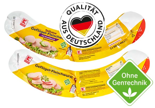 K-CLASSIC Geflügel-Fleischwurst, versch. Sorten; Logo: QUALITÄT AUS DEUTSCHLAND; Logo: Ohne Gentechnik