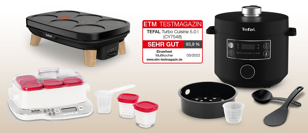 Produktabbildungen: Multikocher „Turbo Cuisine”; Crêpe Maker „Crêp´Party Gourmet”; Joghurtzubereiter „Multidélices Express”; Logo: ETM TESTMAGAZIN; SEHR GUT