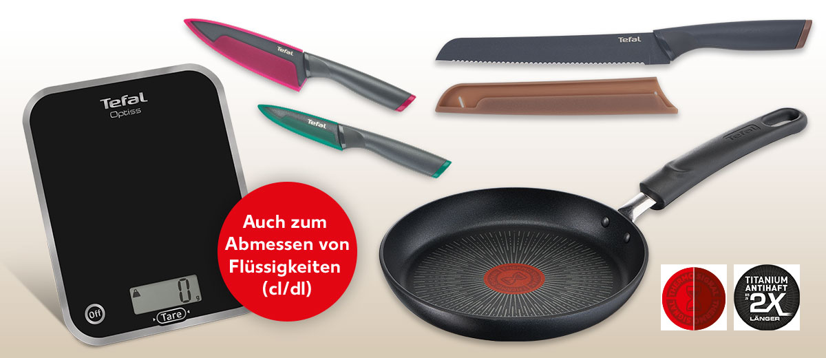 Produktabbildungen: Küchenwaage „Optiss”, Störer: Auch zum Abmessen von Flüssigkeiten (cl/dl); Brotmesser „Fresh Kitchen”; Messer-Set „Fresh Kitchen”; Mini-Pfanne „Breakfast Time”, Logo: Titanium Antihaft