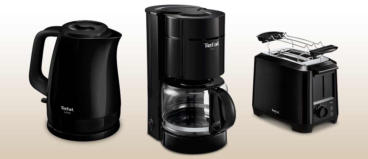 Produktabbildungen: Wasserkocher „UNO”; Filterkaffeemaschine „UNO”; Toaster „UNO”