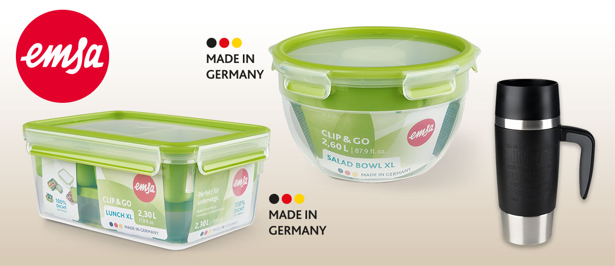 Logo: EMSA; Produktabbildungen: Isolierbecher „Travel Mug Handle”; XL-Lunchbox „Clip & Go”; XL-Salatbox „Clip & Go”; Störer an XL-Lunchbox und XL-Salatbox: MADE IN GERMANY