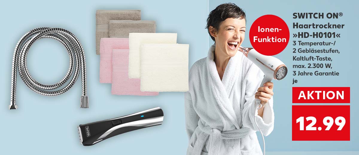 SWITCH ON® Haartrockner »HD-H0101«, 3 Temperatur-/ 2 Gebläsestufen, Kaltluft-Taste, max. 2.300 W, 3 Jahre Garantie, für je 12.99 Euro; Störer: Ionen-Funktion; Weitere Produktabbildungen: LIV&BO® Brauseschlauch, LIV&BO® Frottier-Serie 2 Handtücher, Akku-Haarschneider »Hybrid Clipper 09698-1016«