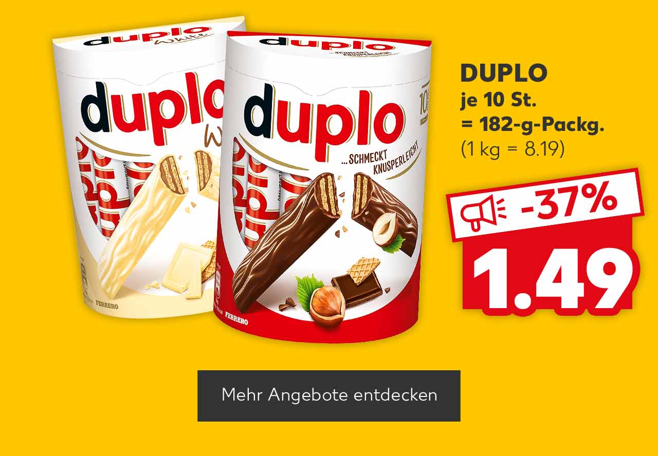DUPLO, versch. Sorten, je 10 St. = 182-g-Packg. für 1.49 Euro (1 kg = 8.19); Button: Mehr Angebote entdecken