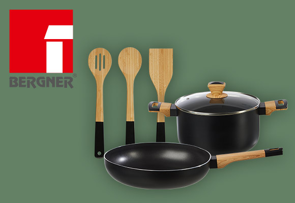 Logo: BERGNER®; Produktabbildungen: Bratpfanne, Kochtopf und Küchenhelfer-Set