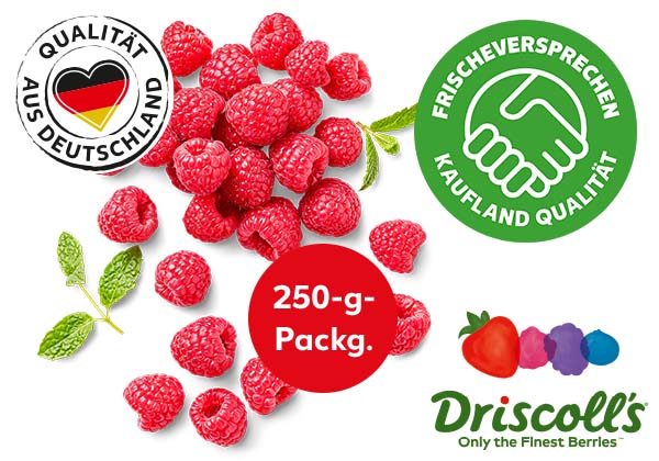 Dtsch. Himbeeren; Logo: QUALITÄT AUS DEUTSCHLAND; Logo: FRISCHEVERSPRECHEN KAUFLAND QUALITÄT; Logo: Driscoll's; Störer: 250-g-Packg.