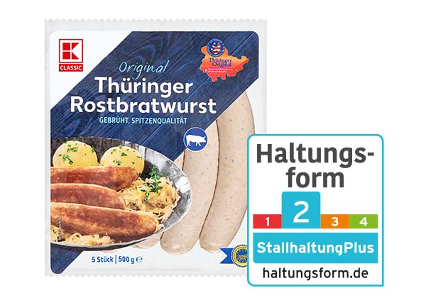K-CLASSIC Original Thüringer Rostbratwurst; Logo: Haltungsform 2