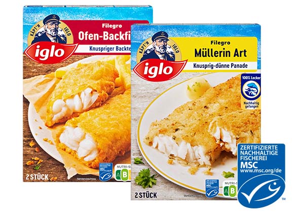 IGLO Filegro, versch. Sorten; Logo: MSC-zertifizierte nachhaltige Fischerei