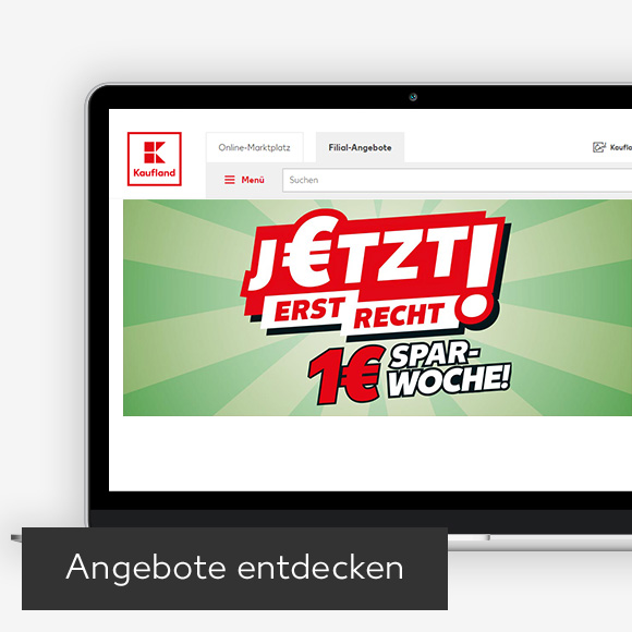 Abbildung: Laptop zeigt 1-€-Spar-Woche auf Kaufland-Webseite; Button: Angebote entdecken