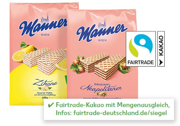 MANNER Waffel-Schnitten oder -Herzen, versch. Sorten; Logo: FAIRTRADE; Störer: Fairtrade-Kakao mit Mengenausgleich, Infos: fairtrade-deutschland.de/siegel