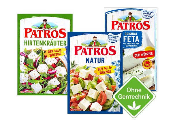 PATROS Salzlakenkäse, versch. Sorten; Logo: Ohne Gentechnik