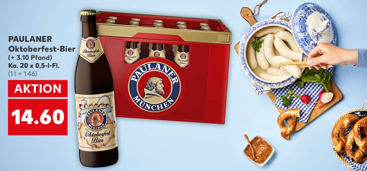 PAULANER Oktoberfest-Bier, (+ 3.10 Pfand), Ka. 20 x 0,5-l-Fl. für 14.60 Euro (1 l = 1.46); Weitere Produktabbildungen: ZIMMERMANN Weißwurst-Kult und Riesenbrezen