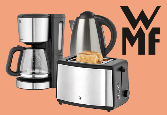 Logo: WMF; Produktabbildungen: Toaster, Filterkaffeemaschine, Wasserkocher