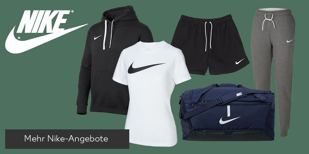 Logo: NIKE; Produktabbildungen: NIKE Damen- oder Herren-Sweathoodie, NIKE Damen- oder Herren-T-Shirt, NIKE Damen- oder Herren-Sweatshorts, NIKE Damen- oder Herren-Sweathose und NIKE Sporttasche; Button: Mehr Nike-Angebote