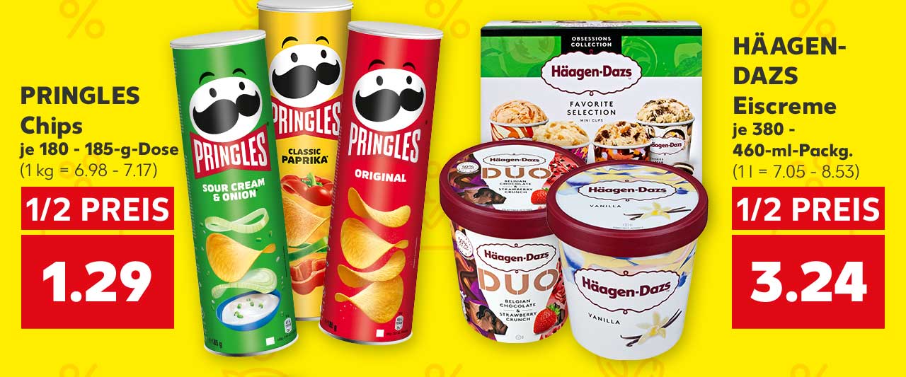 PRINGLES Chips, versch. Sorten, je 180 - 185-g-Dose für 1.29 Euro (1 kg = 6.98 - 7.17); HÄAGEN-DAZS Eiscreme, versch. Sorten, je 380 - 460-ml-Packg. für 3.24 Euro (1 l = 7.05 - 8.53)