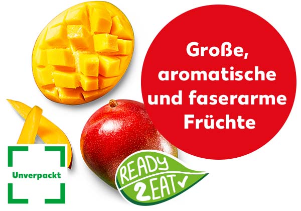 Brasil./ivor. Mango, lose, je Stück 1.79 Euro; Störer: Große, aromatische und faserarme Früchte; Logo: Unverpackt; Logo: READY 2 EAT