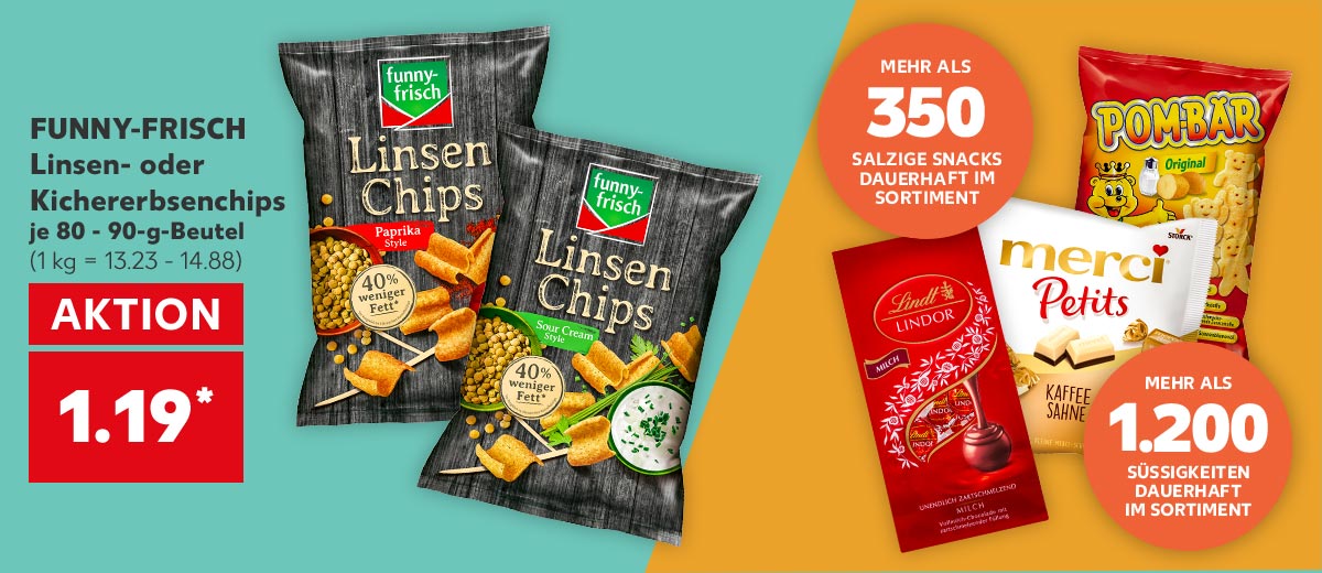 FUNNY-FRISCH Linsenchips, versch. Sorten, je 90-g-Beutel für 1.19 Euro* (1 kg = 13.23); Störer: Mehr als 350 salzige Snacks dauerhaft im Sortiment; Störer: Mehr als 1.200 Süssigkeiten dauerhaft im Sortiment; Weitere Produktabbildungen: POM-BÄR Katoffelsnacks, MERCI Petits und LINDT Lindor Kugeln