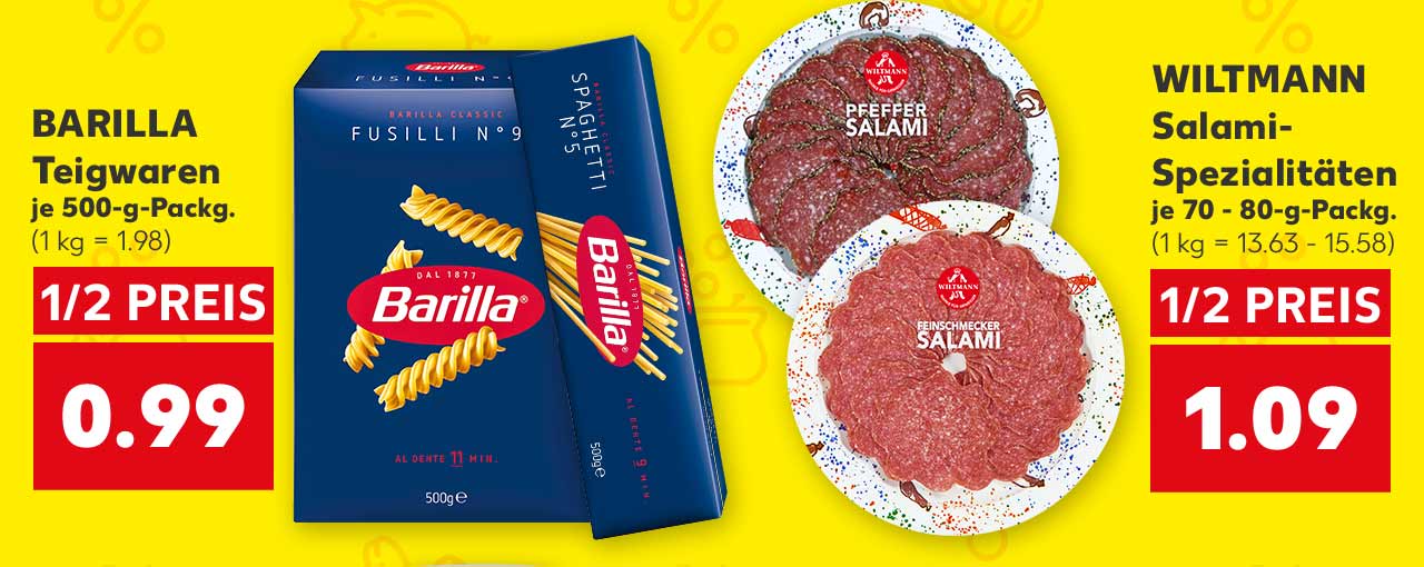 BARILLA Teigwaren, versch. Sorten, je 500-g-Packg. für 0.99 Euro (1 kg = 1.98); WILTMANN Salami-Spezialitäten, versch. Sorten, je 70 - 80-g-Packg. für 1.05 Euro (1 kg = 13.63 - 15.58)