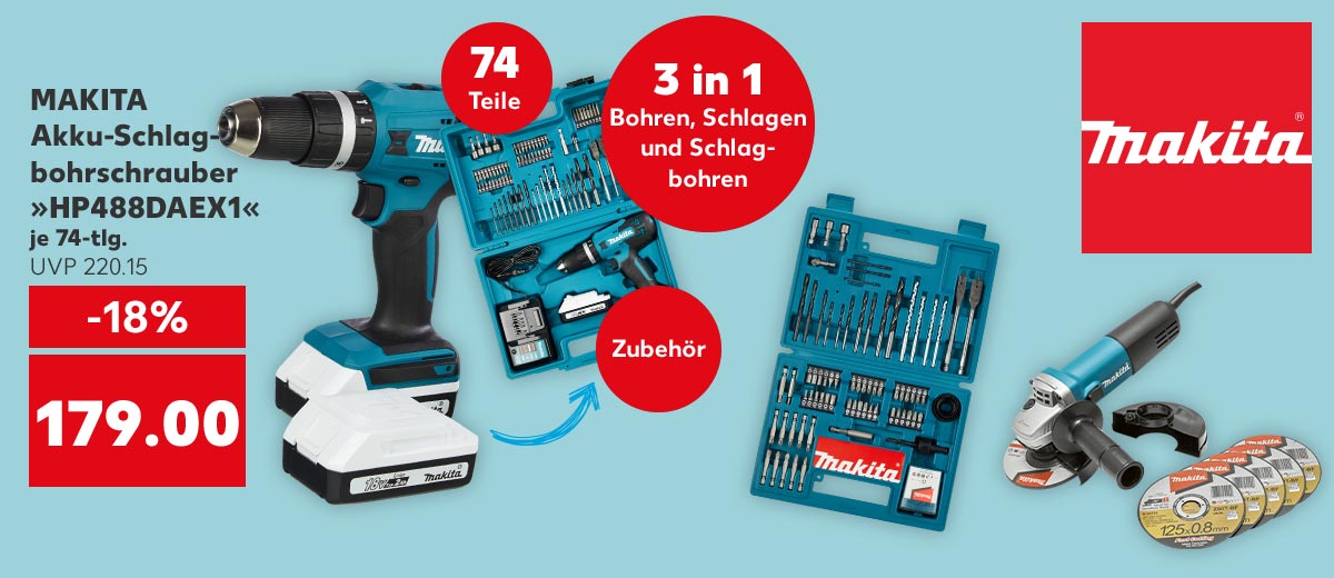 Logo: MAKITA®; MAKITA Akku-Schlagbohrschrauber »HP488DAEX1«, je 78-tlg. für 179.00 Euro (UVP 220.15); Störer: 74 Teile; 3 in 1 Bohren, Schlagen und Schlagbohren; Zubehör; Weitere Produktabbildungen: MAKITA Bit- und Bohrerset »B-53811«; MAKITA Winkelschleifer »9558HNRX1«