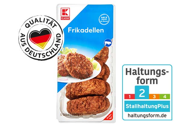 K-CLASSIC Frikadellen; Logo: QUALITÄT AUS DEUTSCHLAND; Logo: Haltungsform 2