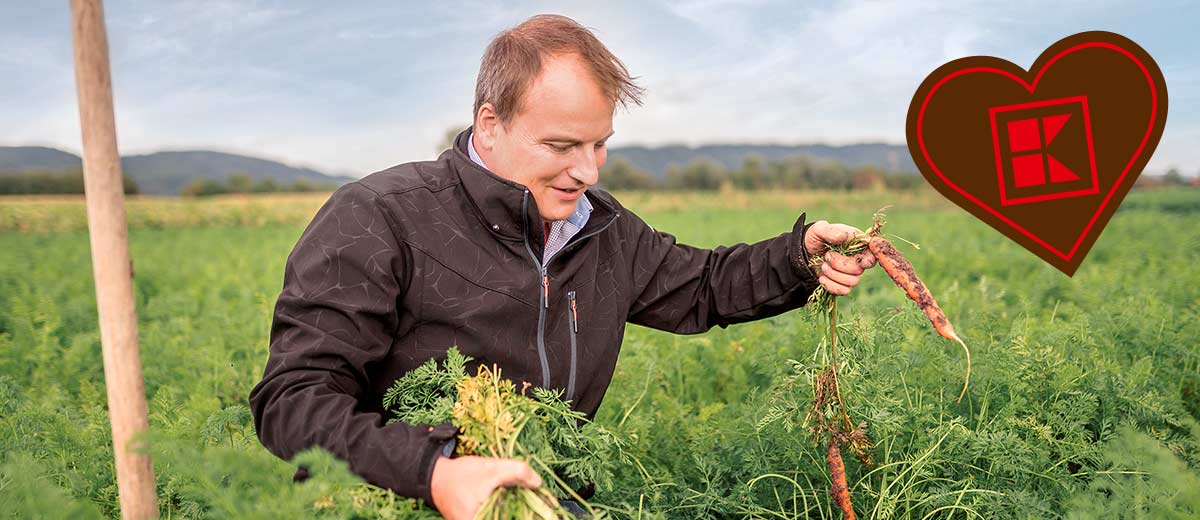 Mann in einem Feld; Logo: Braunes Kaufland-Herz
