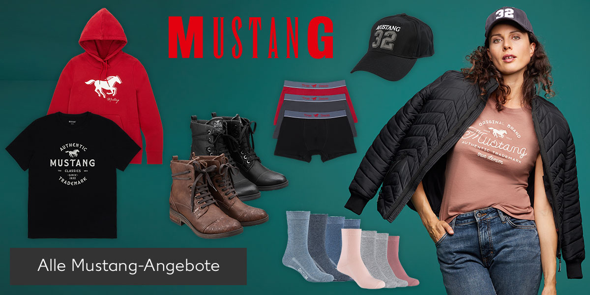 Logo: MUSTANG; Produktabbildungen: T-Shirt, Hoodie, Damen-Boots, Herren-Retroshorts, Socken oder Sportsocken, Steppjacke, Cap