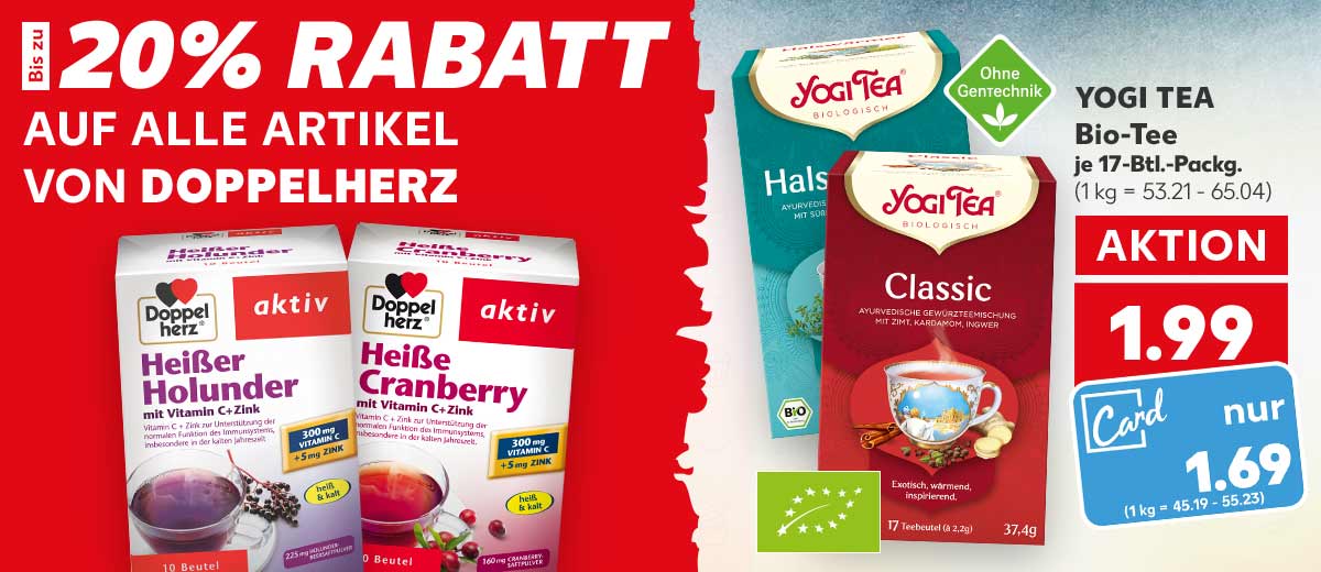 Schriftzug: Bis zu 20% Rabatt auf alle Artikel von Doppelherz; Abbildung: versch. Artikel von DOPPELHERZ; YOGI TEA Bio-Tee, versch. Sorten, je 17-Btl.-Packg. für 1.99 Euro (1 kg = 53.21 - 65.04), Kaufland Card Preis: 1.69 Euro (1 kg = 45.19 - 55.23); Logo: Bio; Logo: Ohne Gentechnik