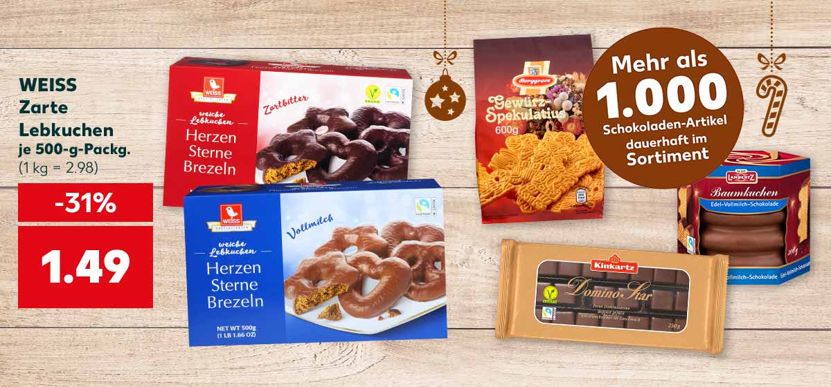WEISS Zarte Lebkuchen, je 500-g-Packg. für 1.49 Euro (1 kg = 2.98); Störer: Mehr als 1.000 Schokoladen-Artikel dauerhaft im Sortiment; Weitere Produktabbildungen: BORGGREVE Gewürzspekulatius, KINKARTZ Dominosteine, LAMBERTZ Baumkuchen