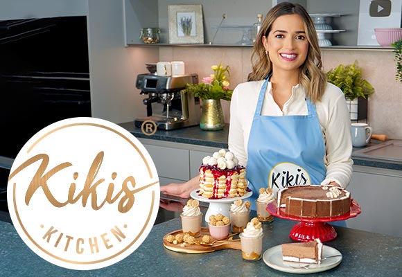 Abbildung: Kiki mit versch. Torten; Logo: Kikis KITCHEN