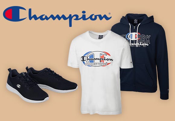 Logo: Champion®; Produktabbildungen: Schuhe, T-Shirt und Sweatjacke