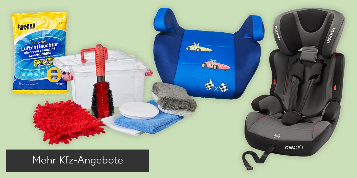 Produktabbildungen: UHU Luftentfeuchter-Nachfüllbeutel, MY PROJECT® Pflege- und Reinigungsset, MY PROJECT® Kindersitzerhöhung, OSANN Kinderautositz »Lupo Nero«; Button: Mehr Kfz-Angebote