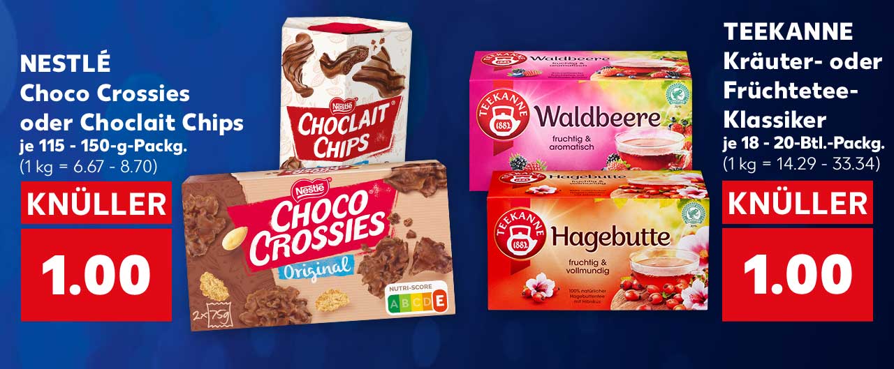 NESTLÉ Choco Crossies oder Choclait Chips, versch. Sorten, je 115 - 150-g-Packg. für 1.00 Euro (1 kg = 6.67 - 8.70); TEEKANNE Kräuter- oder Früchtetee-Klassiker, versch. Sorten, je 18 - 20-Btl.-Packg. für 1.00 Euro (1 kg = 14.29 - 33.34)