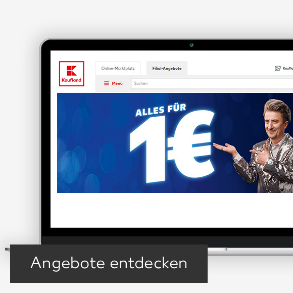 Abbildung: Laptop zeigt Alles für 1 € Angebote auf Kaufland-Webseite; Button: Angebote entdecken