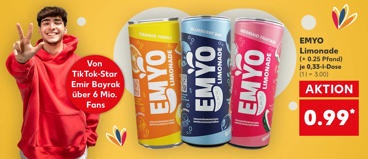 EMYO Limonade, versch. Sorten, (+ 0.25 Pfand), je 0,33-l-Dose für 0.99 Euro* (1 l = 3.00); Abbildung: Emir Bayrak; Störer: Von TikTok-Star Emir Bayrak über 6 Mio. Fans