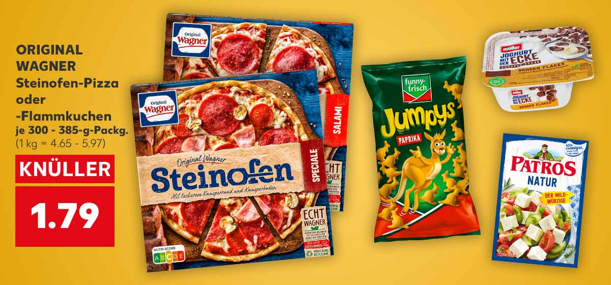 ORIGINAL WAGNER Steinofen-Pizza oder -Flammkuchen, je 300 - 385-g-Packg. für 1.79 Euro (1 kg = 4.65 - 5.97); Weitere Produktabbildungen: FUNNYFRISCH Knuspersnack, MÜLLER Joghurt mit der Ecke, PATROS Salzlakenkäse