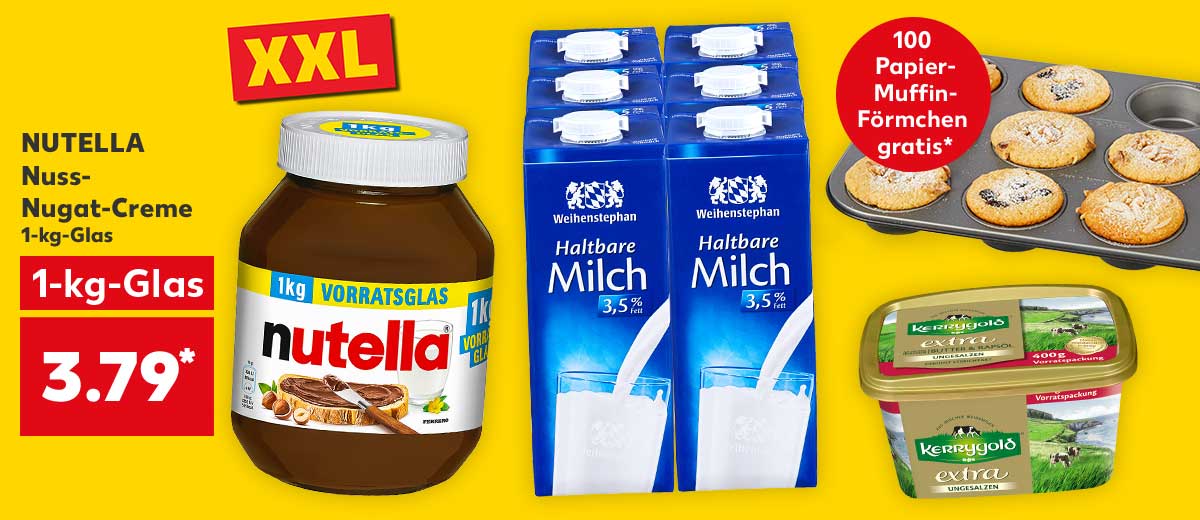 NUTELLA Nuss-Nugat-Creme, 1-kg-Glas für 3.79 Euro; 1-kg-Glas; Störer: XXL; Weitere Produktabbildungen: Ein 6er-Pack WEIHENSTEPHAN Haltbare Milch, KERRYGOLD Extra, ZENKER Backformen »Energy«; Störer: 100 Papier-Muffin-Förmchen gratis*
