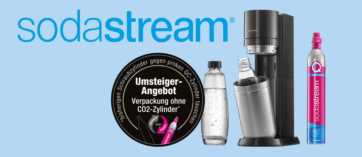 Logo: SODASTREAM®; Wassersprudler-Set »DUO titan Upgrade«; Störer: Umsteiger-Angebot Verpackung ohne CO2-Zylinder; bisherigen Schraubzylinder gegen pinken QC-Zylinder tauschen