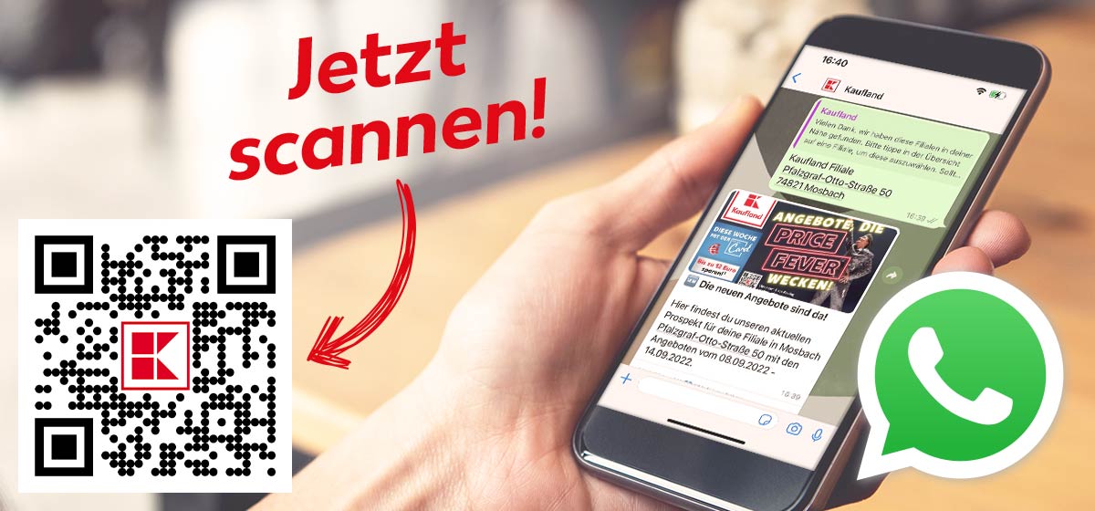 Logo: WhatsApp; Smartphone mit WhatsApp; Schriftzug: Jetzt scannen! zeigt auf QR-Code