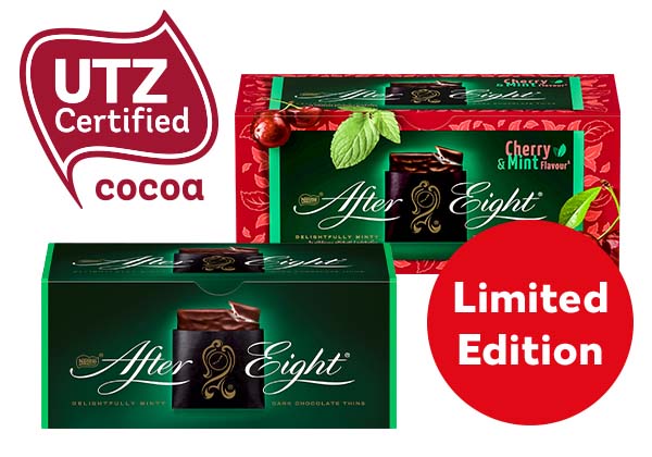 AFTER EIGHT Hauchdünne Täfelchen, versch. Sorten; Logo: UTZ Certified cocoa; Störer an Sorte Cherry & Mint: Limited Edition