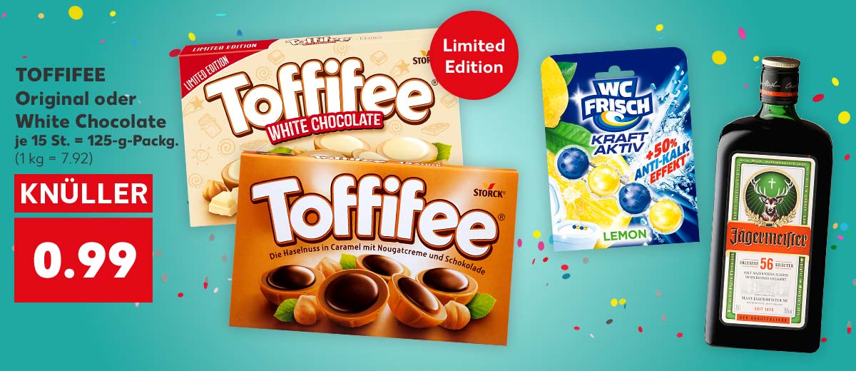 TOFFIFEE Original oder White Chocolate, 15 St. = 125-g-Packg., für je 0.99 Euro (1 kg = 7.92); Störer an Sorte White Chocolate: Limited Edition; Weitere Produktabbildungen: WC-FRISCH Kraft Aktiv, JÄGERMEISTER Kräuterlikör