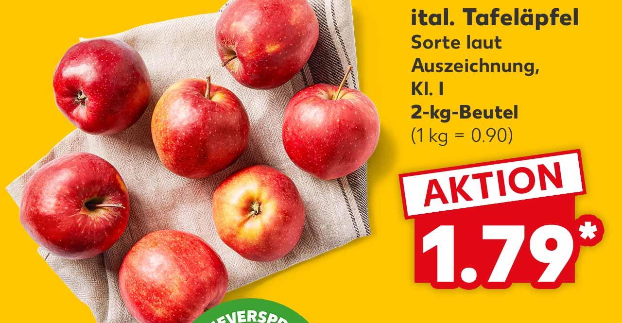 Dtsch./ ital. Tafeläpfel, Sorte laut Auszeichnung, Kl. I, 2-kg-Beutel für 1.79 Euro* (1 kg = 0.90); Logo: FRISCHEVERSPRECHEN KAUFLAND QUALITÄT