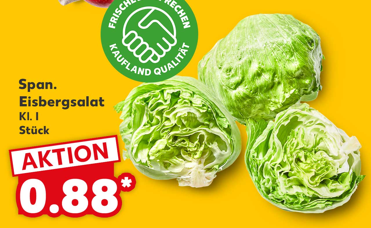 Logo: FRISCHEVERSPRECHEN KAUFLAND QUALITÄT; Span. Eisbergsalat, Kl. I, Stück für 0.88 Euro*