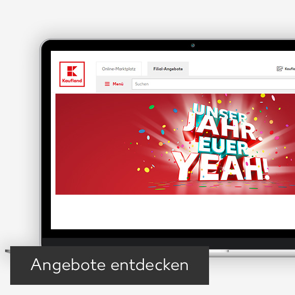 Abbildung: Laptop zeigt Unser Jahr. Euer Yeah! - Angebote auf Kaufland-Webseite; Button: Angebote entdecken
