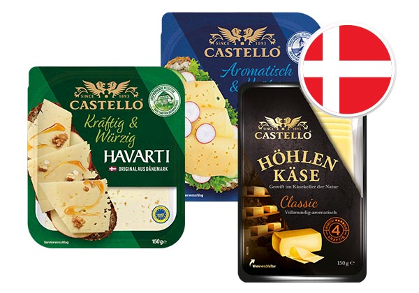 CASTELLO Höhlenkäse, Esrom oder Havarti; Flagge: Dänemark