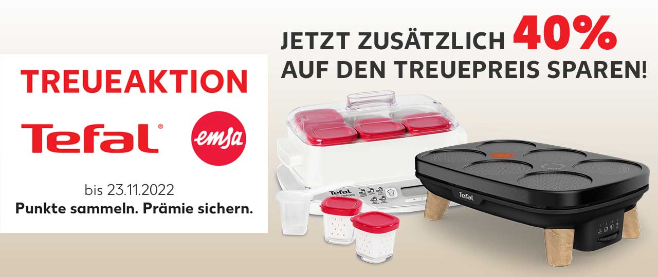 Schriftzug: TREUEAKTION Tefal® EMSA bis 23.11.2022 Punkte sammeln. Prämie sichern; Schriftzug: JETZT ZUSÄTZLICH 40% AUF DEN TREUEPREIS SPAREN!; Produktabbildung: Joghurtzubereiter „Multidélices Express”, Crêpe Maker „Crêp’Party Gourmet”