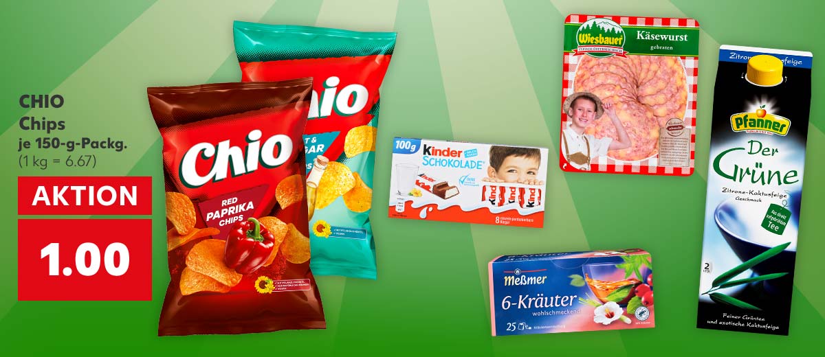 CHIO Chips, versch. Sorten, je 150-g-Packg. für 1.00 Euro (1 kg = 6.67); Weitere Produktabbildungen: MESSMER Kräuter- oder Früchte-Tee, WIESBAUER Österr. Wurstspezialitäten, PFANNER Eistee, KINDER Schokolade