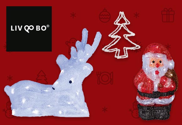 Logo: LIV&BO®; Abbildung: Dekofiguren mit 20 bzw. 30 LEDs, Rentier und Weihnachtsmann, 3D-Lichterfiguren mit 80 LEDs Tannenbaum
