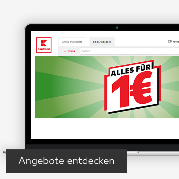 Abbildung: Laptop zeigt Alles für 1€-Angebote auf Kaufland-Webseite; Button: Angebote entdecken